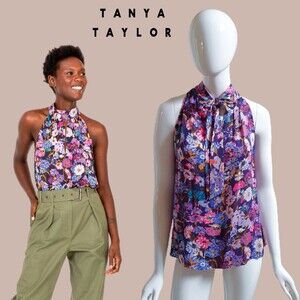 TANYA TAYLOR NEW Y2K KENDALL Silk Floral Halter Keyhole Top 6